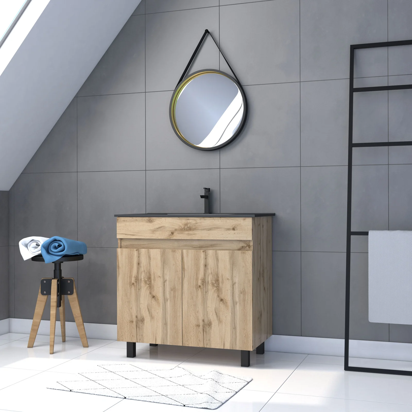 Pack Meuble SDB 80cm sur pieds 2 portes Chene_Vasque noire + Miroir Barber - TIMBER 80_Pack24 Pack Meuble SDB 80cm sur pieds 2 portes Chene_Vasque noire + Miroir Barber - TIMBER 80_Pack24