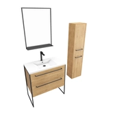 Pack Meuble SDB 80cm sur pieds 2 tiroirs Chene_Vasque resine blanche + Miroir + Colonne 150cm