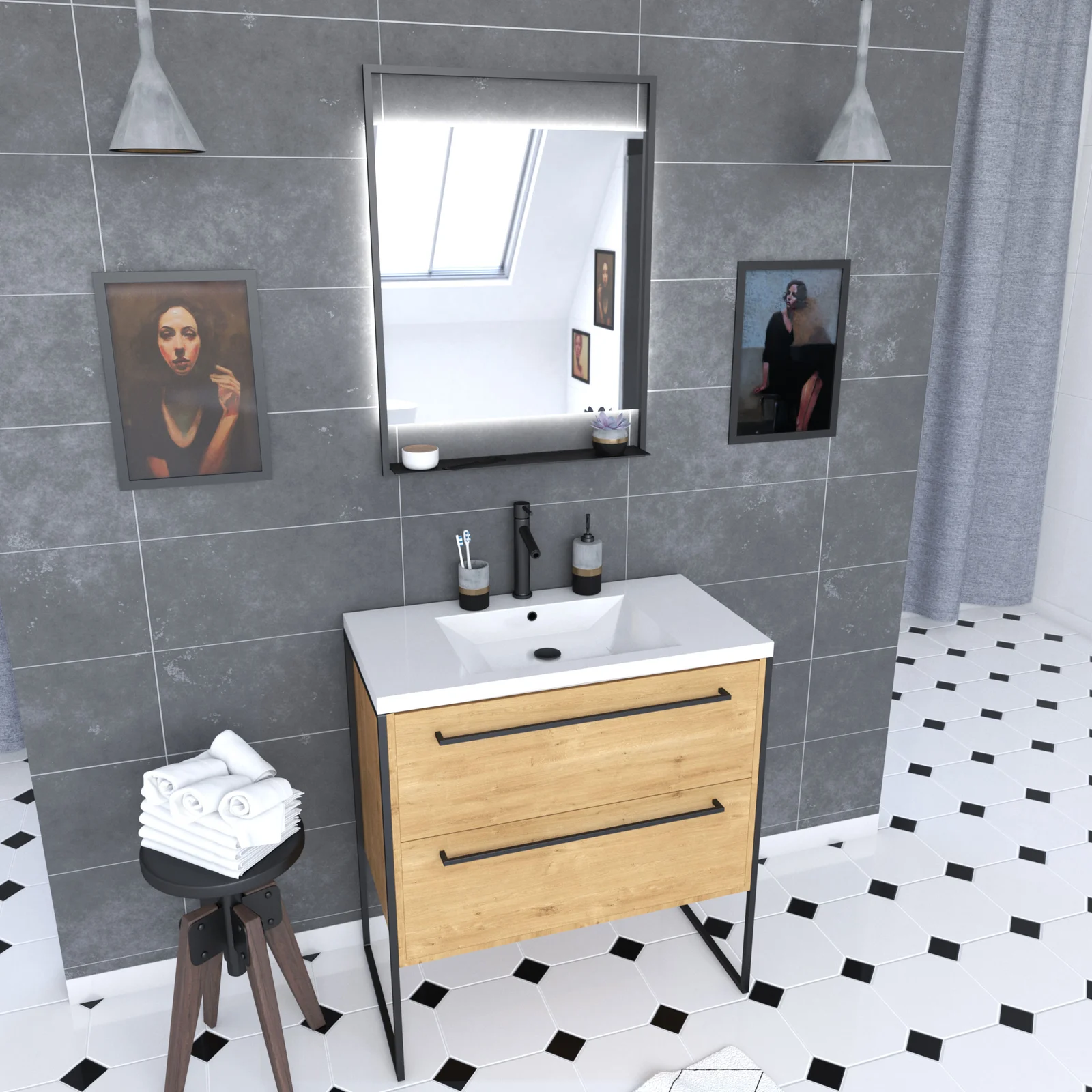 Pack Meuble SDB 80cm sur pieds 2 tiroirs Chene_Vasque resine blanche + Miroir Led Pack Meuble SDB 80cm sur pieds 2 tiroirs Chene_Vasque resine blanche + Miroir Led