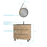 Pack Meuble SDB 80cm sur pieds 3 tiroirs Chene_Vasque noire + Miroir Barber - TIMBER 80_Pack44