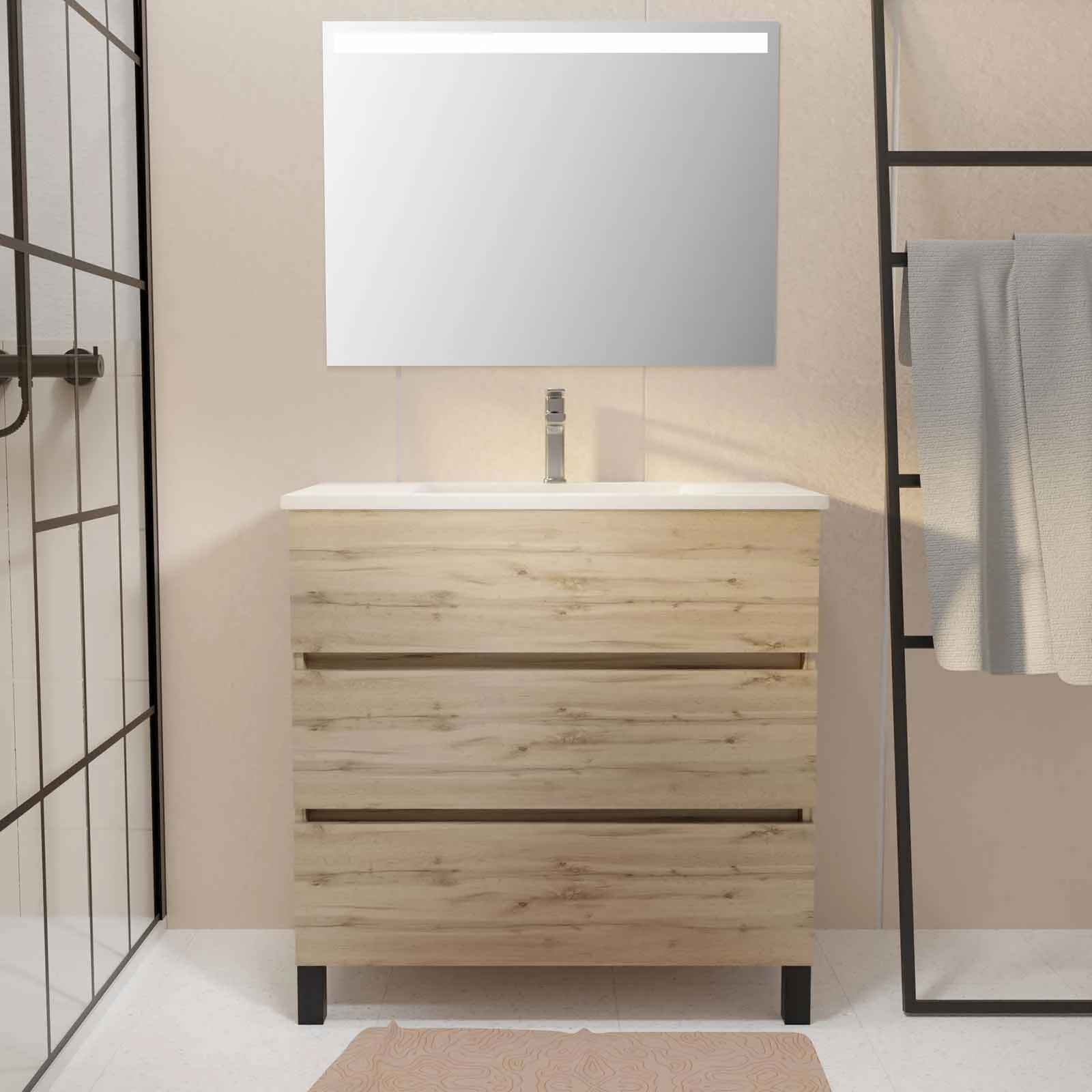 Pack Meuble SDB 80cm sur pieds 3 tiroirs Chene_Vasque blanche + Miroir Led - TIMBER 80_Pack46 Pack Meuble SDB 80cm sur pieds 3 tiroirs Chene_Vasque blanche + Miroir Led - TIMBER 80_Pack46