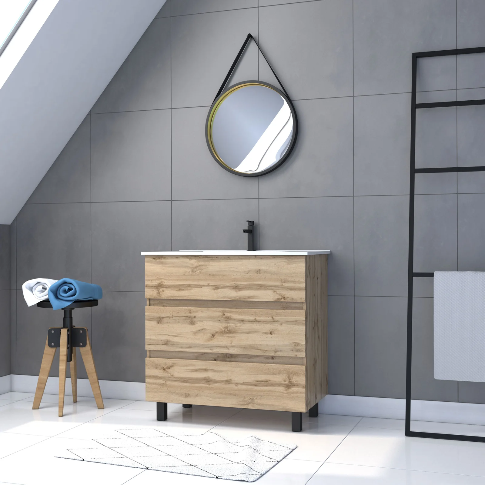 Pack Meuble SDB 80cm sur pieds 3 tiroirs Chene_Vasque blanche + Miroir Barber - TIMBER 80_Pack48 Pack Meuble SDB 80cm sur pieds 3 tiroirs Chene_Vasque blanche + Miroir Barber - TIMBER 80_Pack48