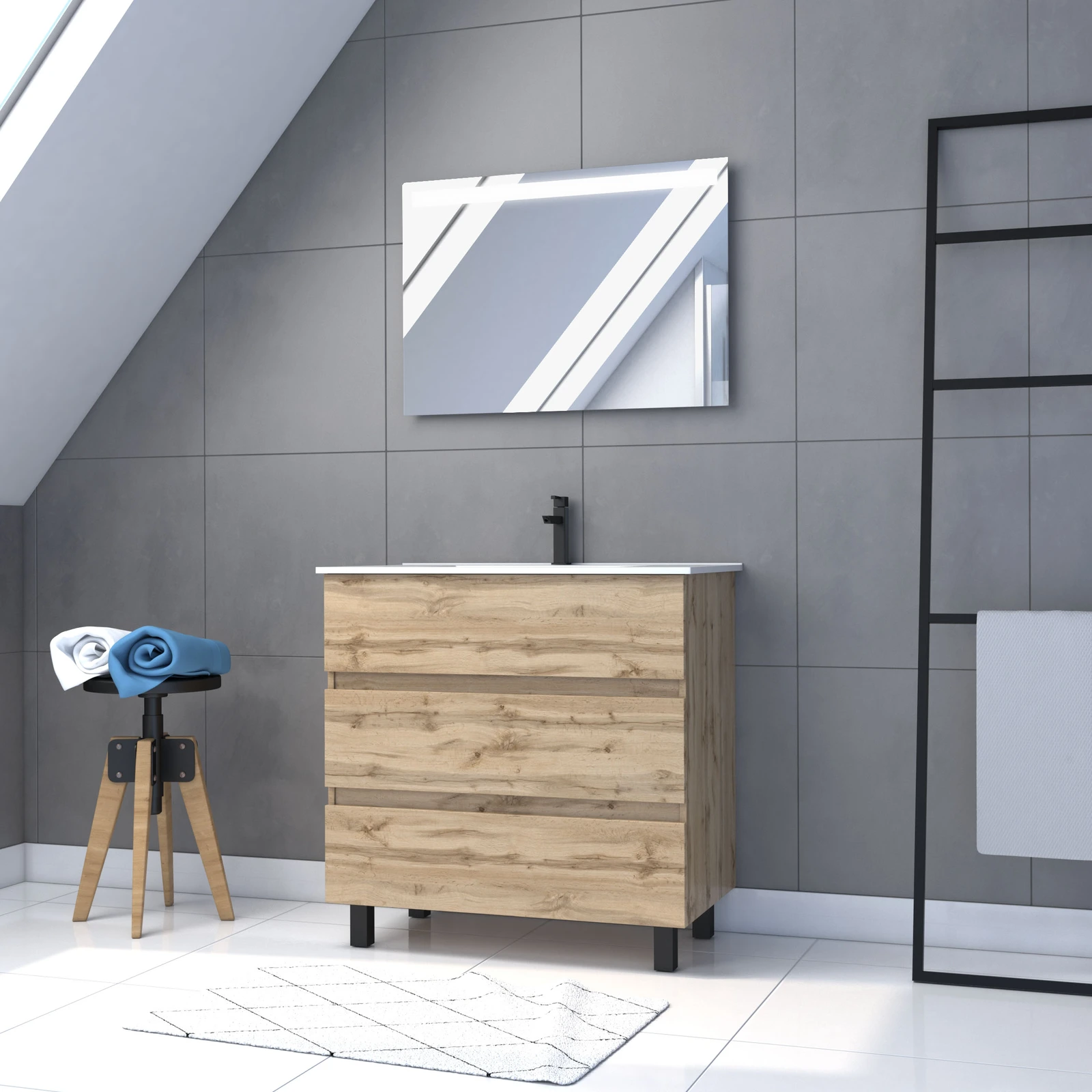 Pack Meuble SDB 80cm sur pieds 3 tiroirs Chene_Vasque blanche + Miroir Led - TIMBER 80_Pack46 Pack Meuble SDB 80cm sur pieds 3 tiroirs Chene_Vasque blanche + Miroir Led - TIMBER 80_Pack46