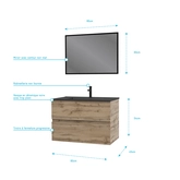 Pack Meuble SDB 80cm suspendu 2 tiroirs Chene_Vasque noire + Miroir - TIMBER 80_Pack11