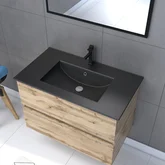 Pack Meuble SDB 80cm suspendu 2 tiroirs Chene_Vasque noire + Miroir - TIMBER 80_Pack11