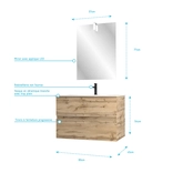 Pack Meuble SDB 80cm suspendu 2 tiroirs Chene_Vasque blanche + Miroir Led - TIMBER 80_Pack37