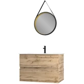 Pack Meuble SDB 80cm suspendu 2 tiroirs Chene_Vasque blanche + Miroir Barber - TIMBER 80 - Pack38