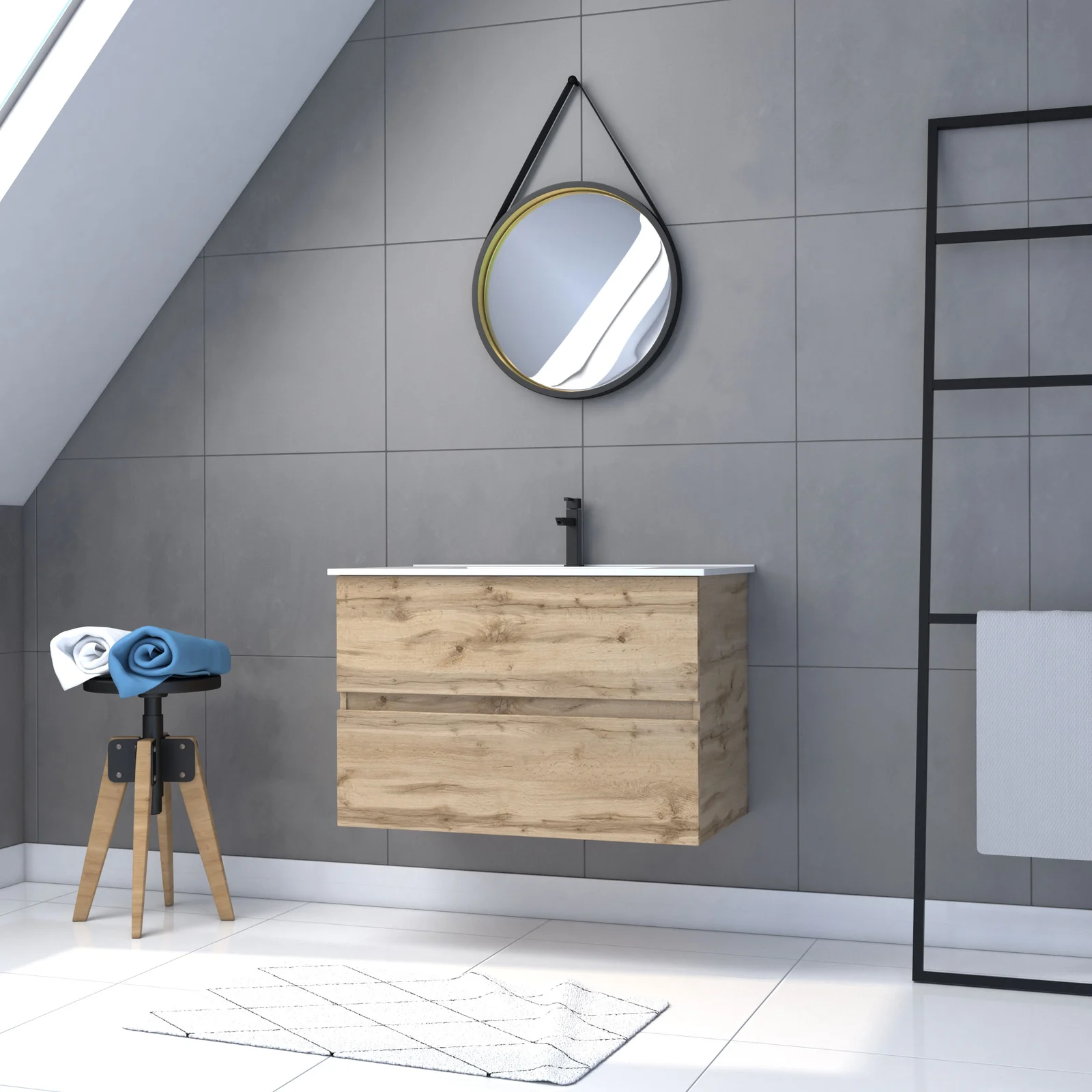 Pack Meuble SDB 80cm suspendu 2 tiroirs Chene_Vasque blanche + Miroir Barber - TIMBER 80 - Pack38