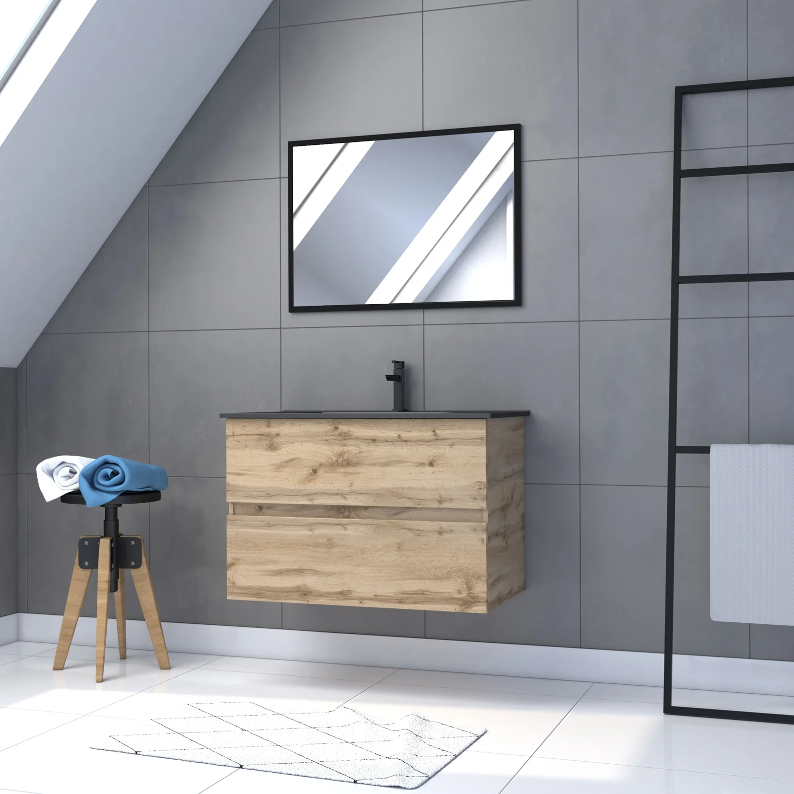 Pack Meuble SDB 80cm suspendu 2 tiroirs Chene_Vasque noire + Miroir - TIMBER 80_Pack11 Pack Meuble SDB 80cm suspendu 2 tiroirs Chene_Vasque noire + Miroir - TIMBER 80_Pack11