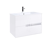 PACK ONE 80CM CAISSON 2 TIROIRS BLANC SUSPENDU POIGNEES CHROMES + VASQUE CERAMIQUE BLANCHE 80