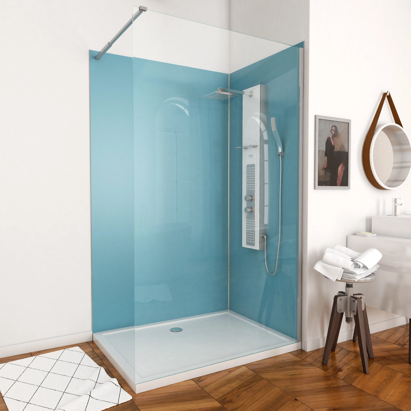 PACK PANNEAUX MURAUX BLEU en aluminium avec profile d'angle finition CHROME + receveur a poser PACK PANNEAUX MURAUX BLEU en aluminium avec profile d'angle finition CHROME + receveur a poser