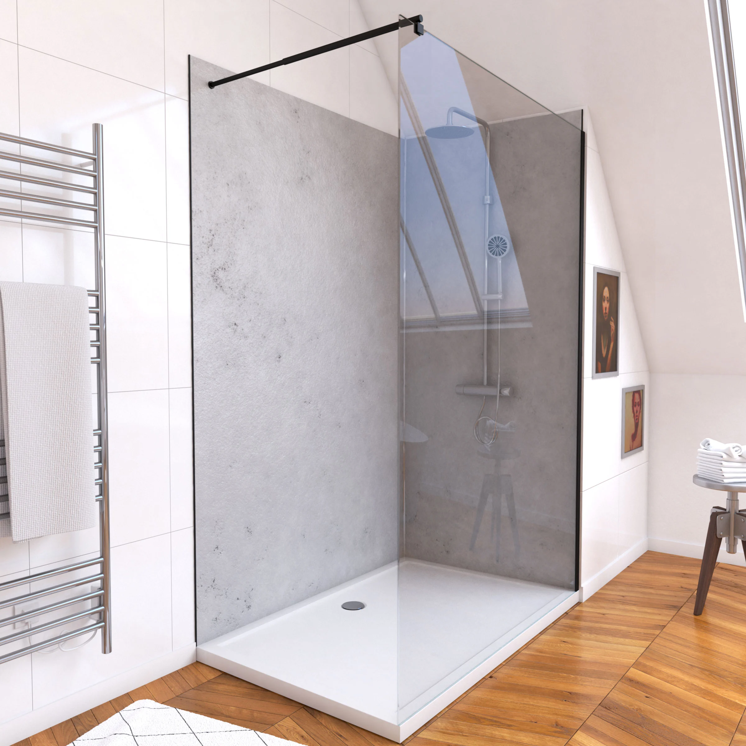 Pack Panneaux Muraux Light Grey 90+120x210 - Receveur 120x90 - Paroi 120x200 - Profils et Bras NOIR