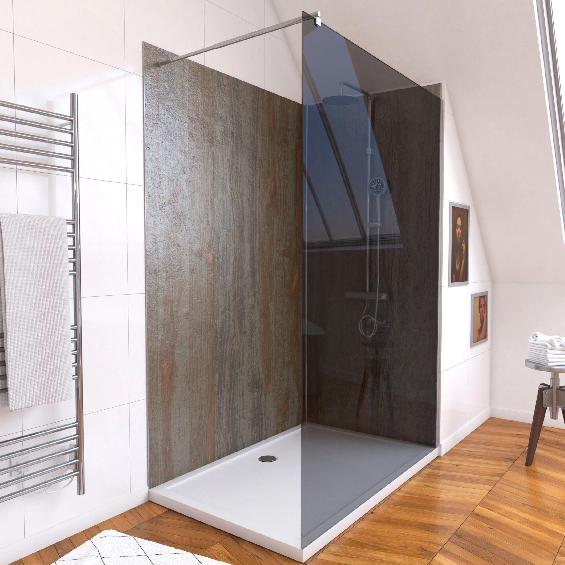 Pack panneaux muraux Wood Stone + paroi FREEDOM 2 FUMEE + receveur WHITNESS