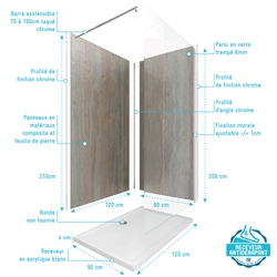 Pack Panneaux Muraux Wood Stone 90+120x210 - Receveur 120x90 - Paroi 120x200 - Profils et Bras CHROME