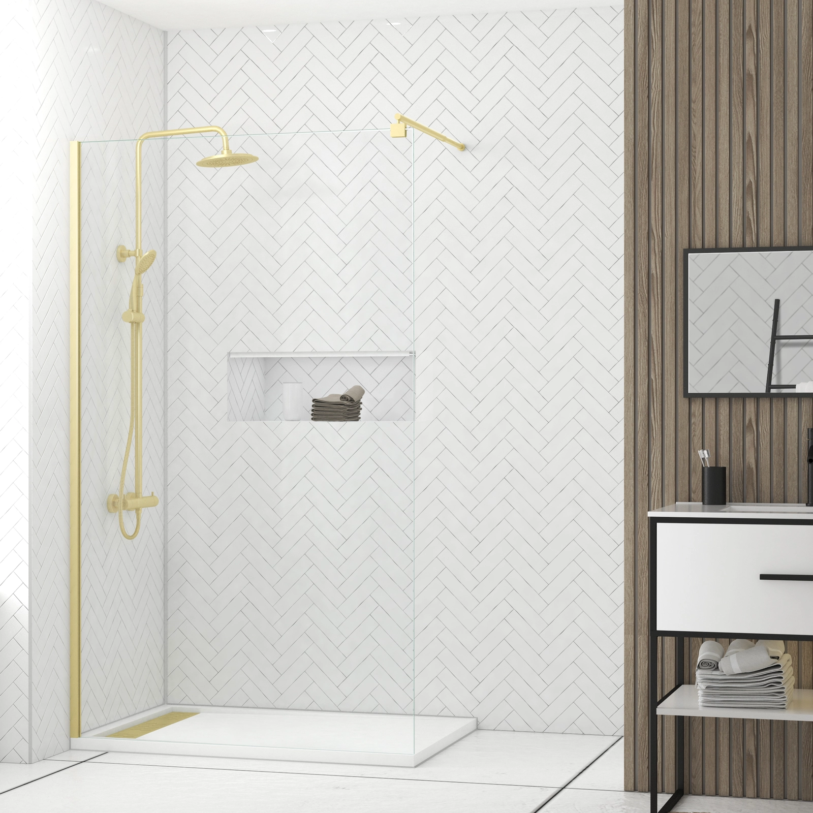 Pack Paroi 120x200 + Colonne Thermostatique + Receveur Effet Pierre 80x120 et Grille - Or Brossé Pack Paroi 120x200 + Colonne Thermostatique + Receveur Effet Pierre 80x120 et Grille - Or Brossé