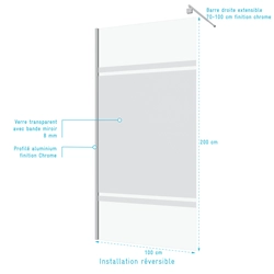 Pack Paroi de Douche 100x200cm - Bande Miroir - Barre de Fixation Extensible et Profil Chrome