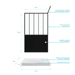 Pack Paroi de douche 120x200 cm noir mat  + Receveur haut a poser 120x80  blanc effet pierre