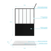 Pack Paroi de douche 140x200 cm noir mat - verre trempe 5mm + RECEVEUR  A POSER RECTANGLE - 140x80cm 