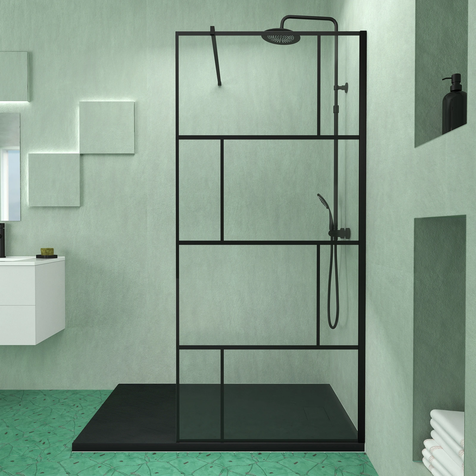 Pack Paroi de douche 90x195 cm + Receveur Noir effet pierre 140x90 cm