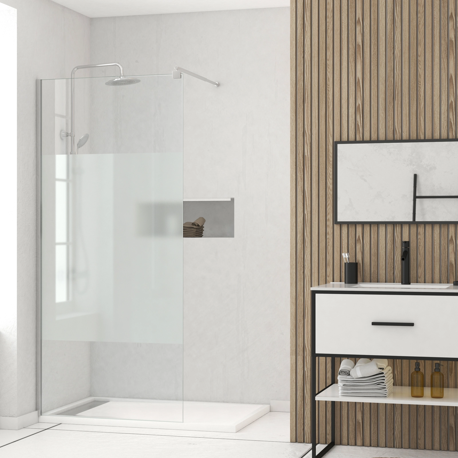 Pack Paroi de Douche Dépolie 100x200cm + Barre de fixation extensible - Verre 8mm - Finition Chrome Pack Paroi de Douche Dépolie 100x200cm + Barre de fixation extensible - Verre 8mm - Finition Chrome