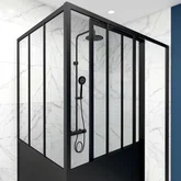 Pack paroi porte de douche coulissante 120x200cm + retour 80cm type atelier - NOIR MAT - verre 5mm