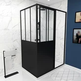 Pack paroi porte de douche coulissante 120x200cm + retour 80cm type atelier - NOIR MAT - verre 5mm