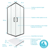 PACK PAROI PORTE DE DOUCHE D'ANGLE+ RECEVEUR A POSER-90x90 OUVERTURE EN ANGLE-CRUSH MOON ANGLE 90x90