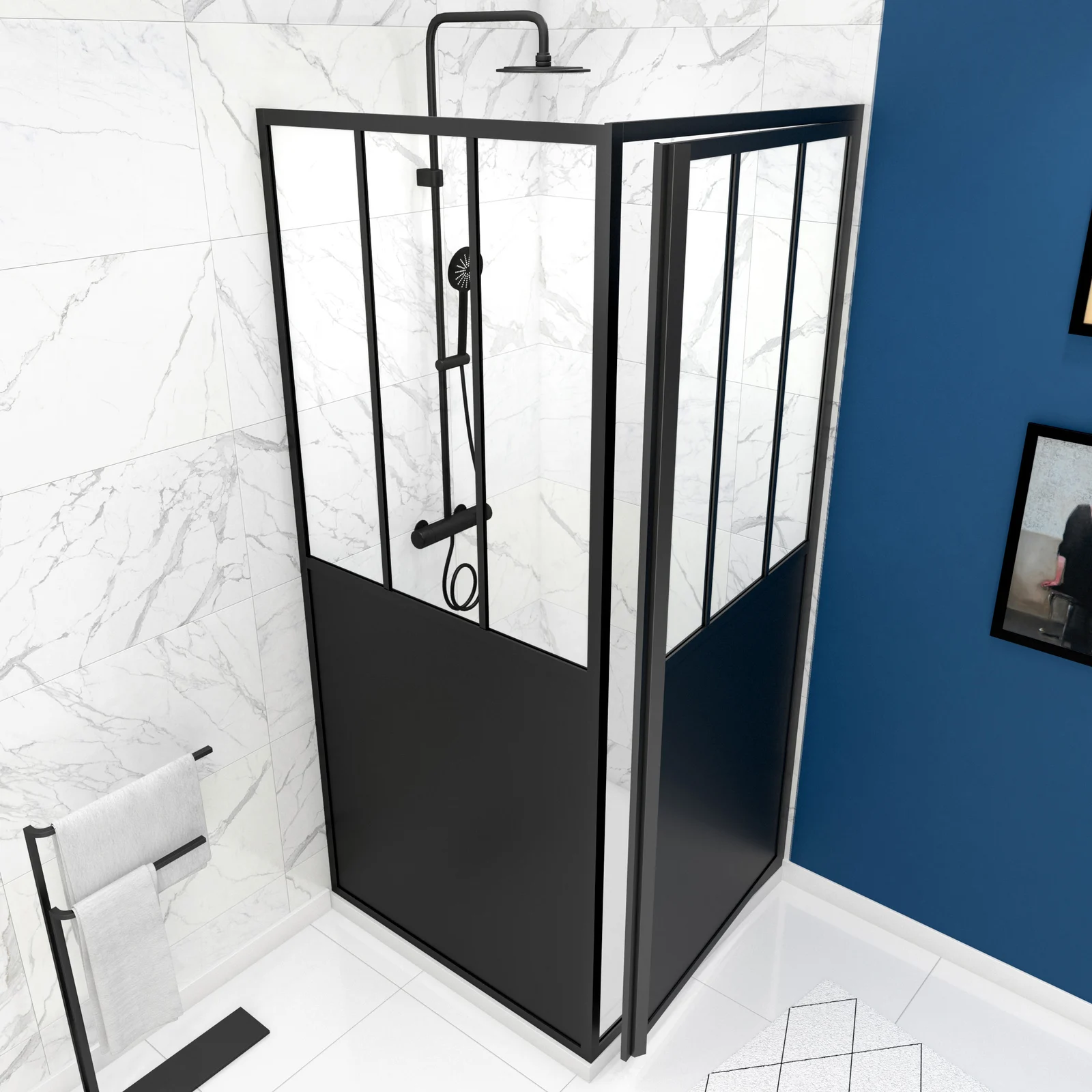 Pack paroi porte de douche pivotante + paroi retour atelier - 90x200cm PROFILE NOIR MAT - verre 5mm