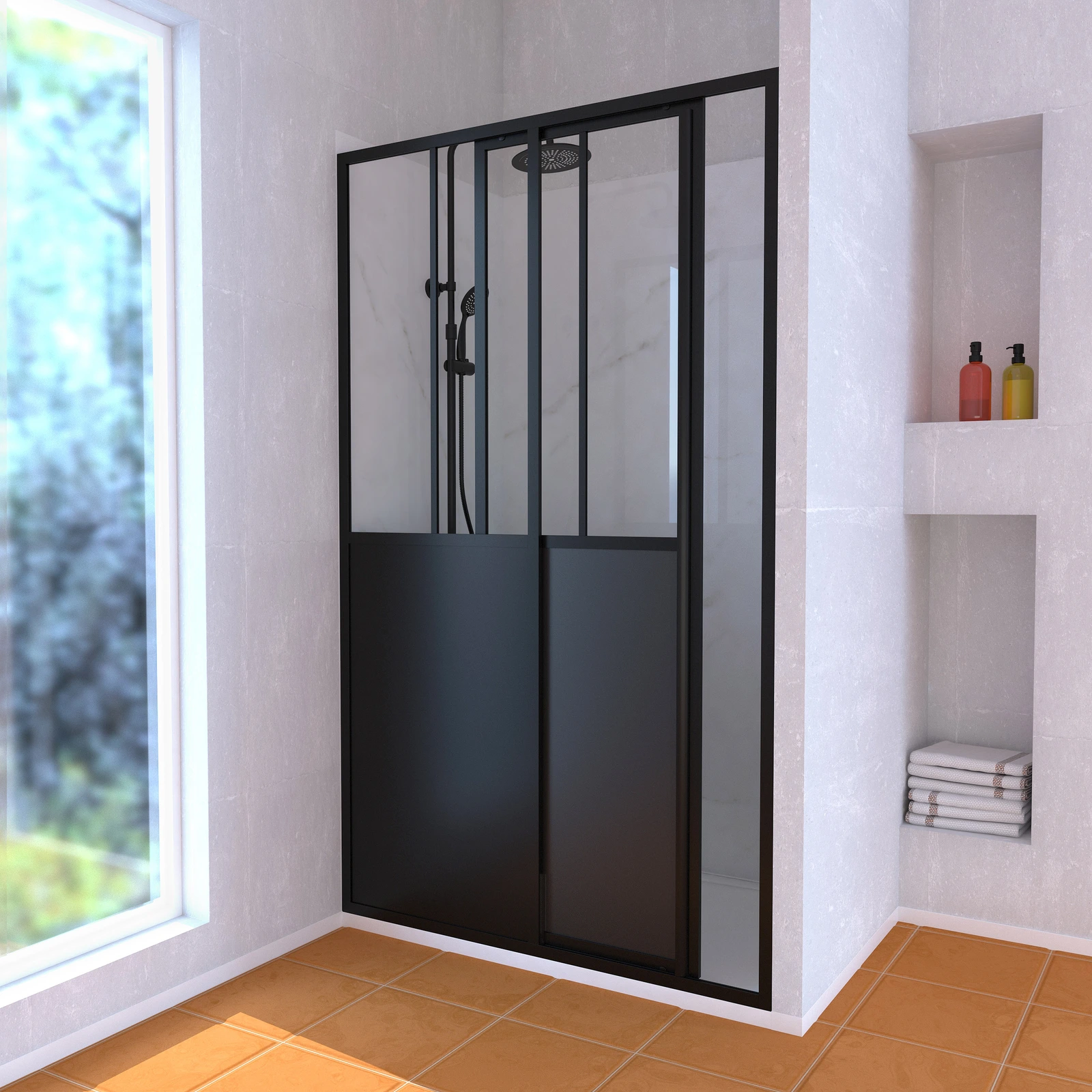 Pack Porte Coulissante Noir Mat + Receveur Blanc 120x80x204 cm et Colonne de Douche Thermostatique Pack Porte Coulissante Noir Mat + Receveur Blanc 120x80x204 cm et Colonne de Douche Thermostatique