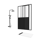 Pack Porte Coulissante Noir Mat + Receveur Blanc 120x80x204 cm et Colonne de Douche Thermostatique