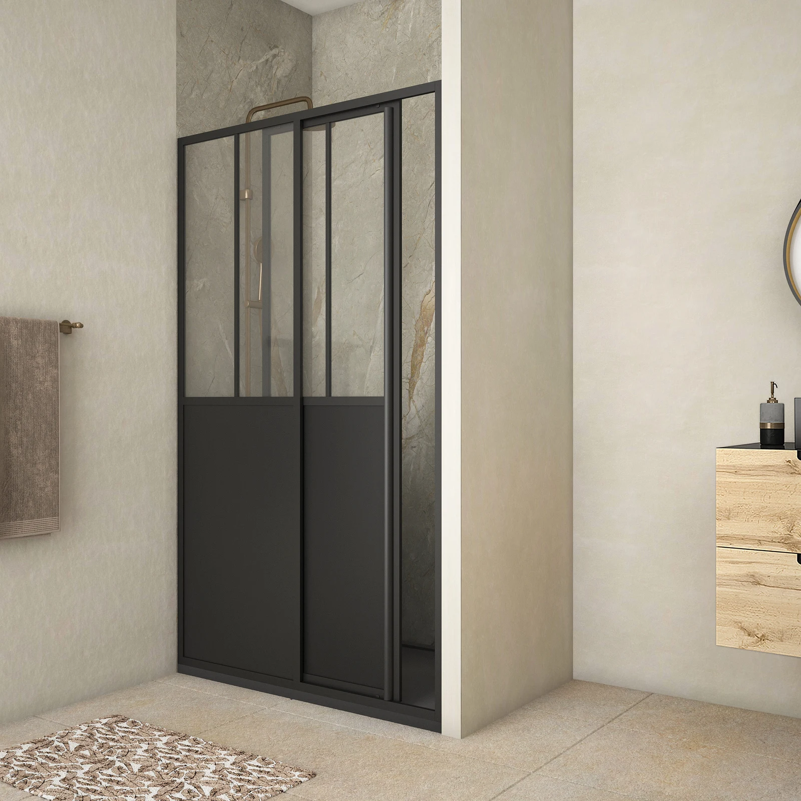 Pack Porte Coulissante Noir Mat Type Atelier 120x200 et Receveur Linéaire Gris Effet Pierre 120x80 Pack Porte Coulissante Noir Mat Type Atelier 120x200 et Receveur Linéaire Gris Effet Pierre 120x80