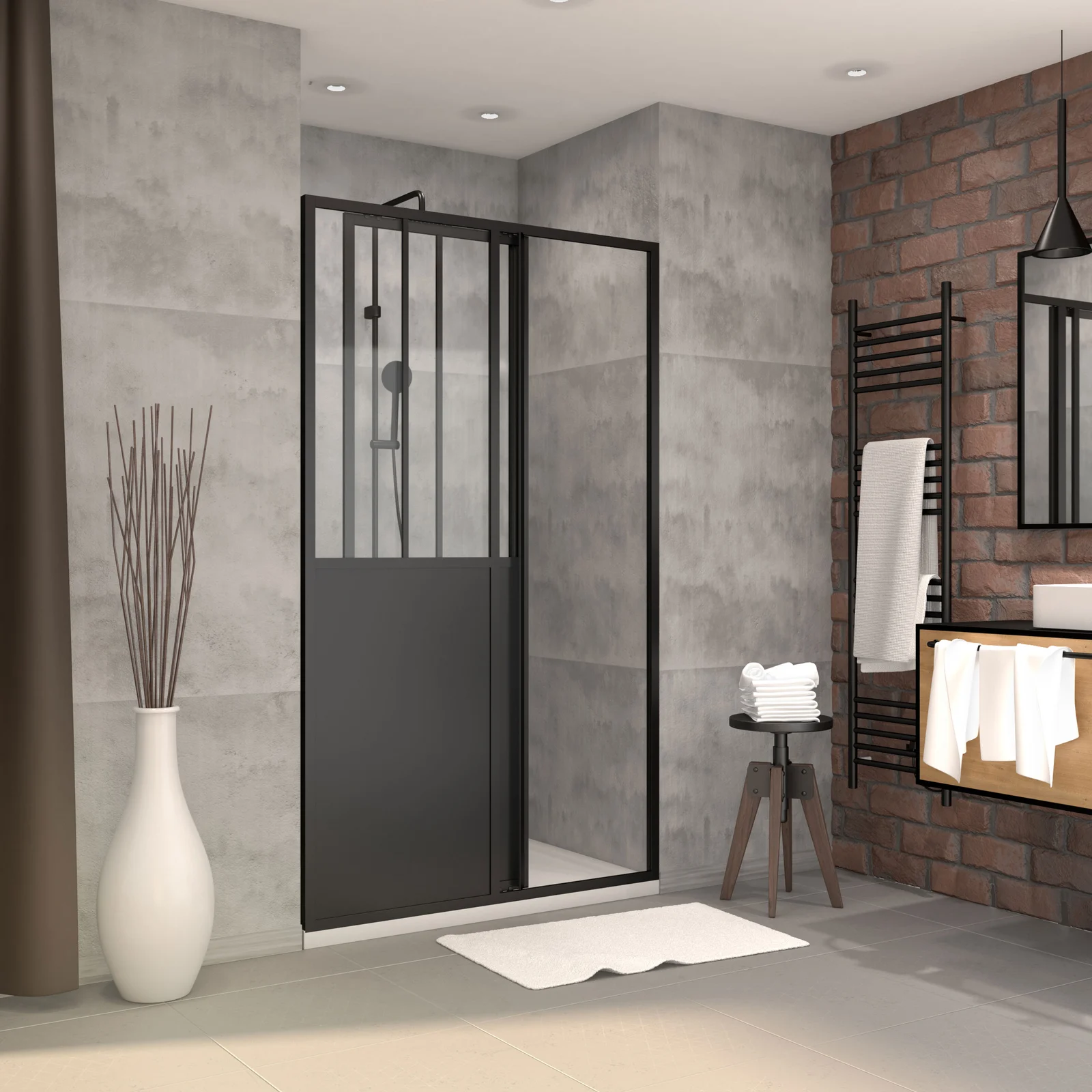 Pack Porte Coulissante Noire Mate Type 'Atelier' et Receveur en Acrylique Blanc - 120x90x200 cm Pack Porte Coulissante Noire Mate Type 'Atelier' et Receveur en Acrylique Blanc - 120x90x200 cm