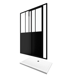 Pack Porte Coulissante Noire Mate Type 'Atelier' et Receveur Blanc Effet Pierre - 120x80x200 cm