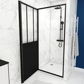 Pack Porte de Douche Atelier Pivotante Noire 90x200 cm et Receveur Blanc Effet Pierre 90x90x4 cm