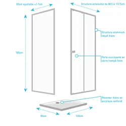 Pack porte de douche Coulissante blanc 100X185 cm  + paroi de retour 80cm + receveur à poser - WHITY