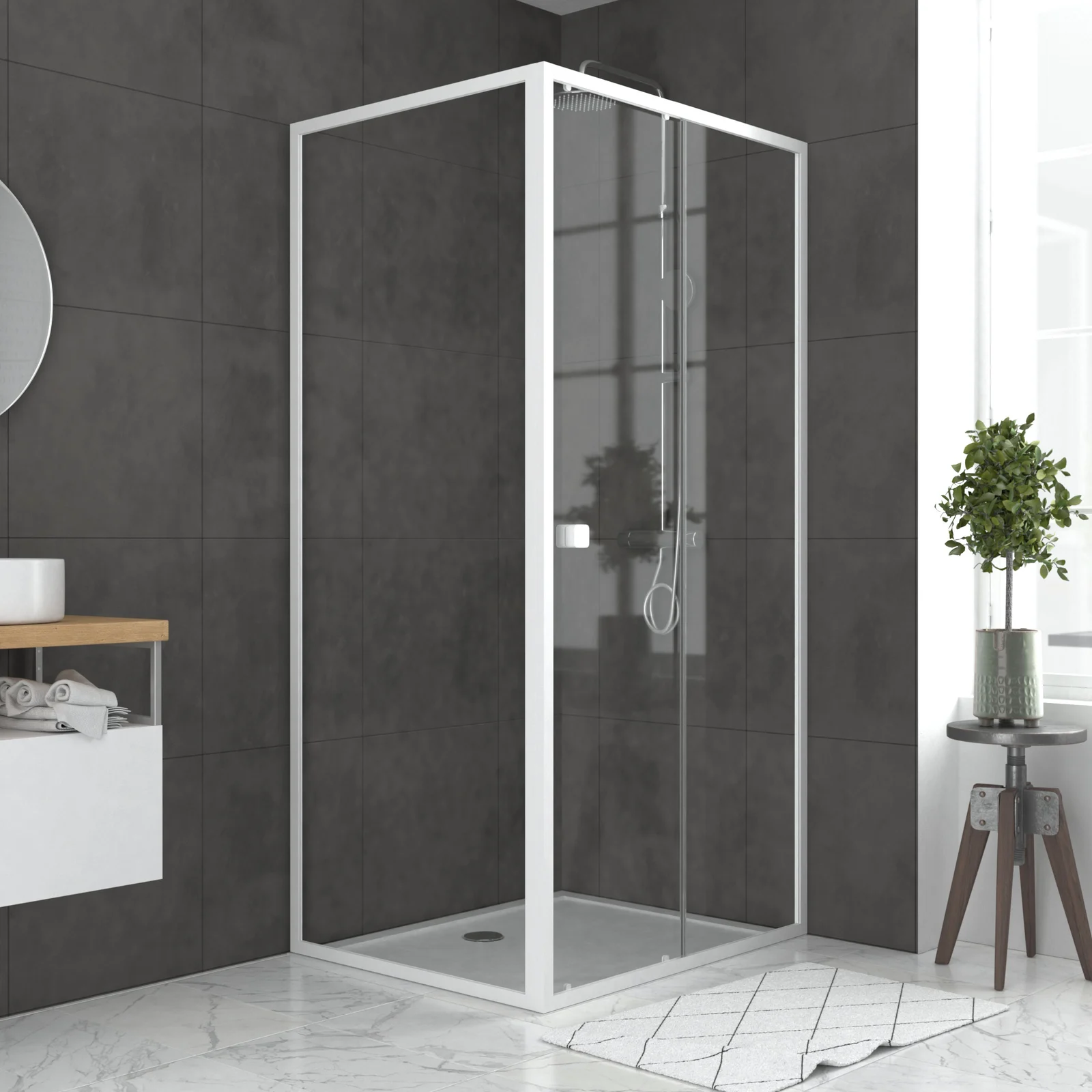 Pack porte de douche Coulissante blanc 100x185cm + retour 80 verre transparent 5mm - WHITY slide 100