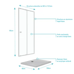 Pack porte de douche coulissante blanc 100x185cm + receveur 100x80 - WHITY SLIDE