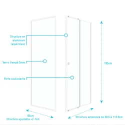 Pack porte de douche Coulissante blanc 100x185cm + retour 80 verre transparent 5mm - WHITY slide 100