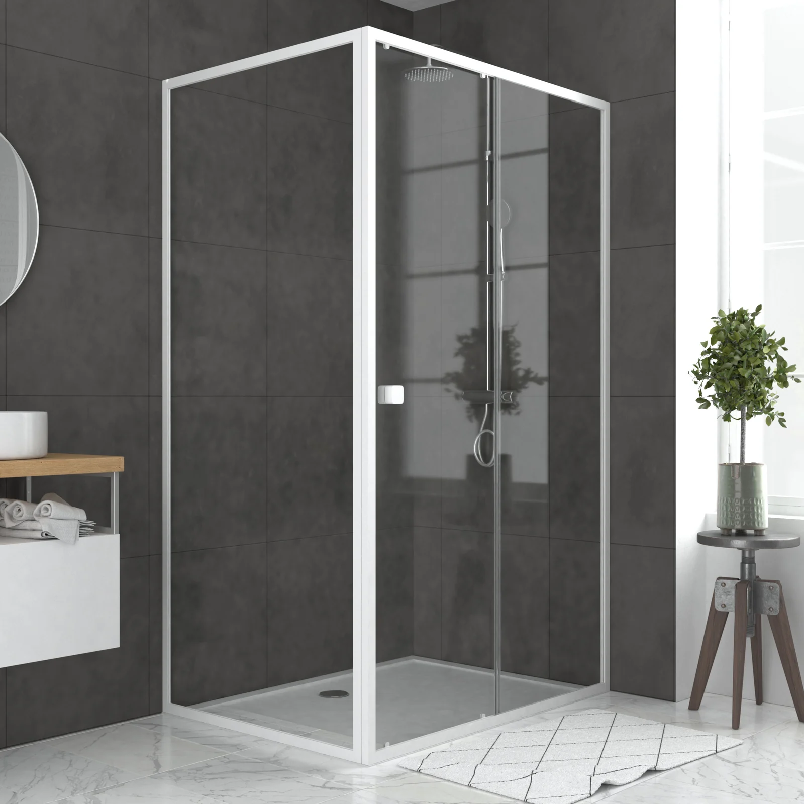 Pack porte de douche Coulissante blanc 120x185cm + retour 80 verre transparent 5mm - WHITY slide 120