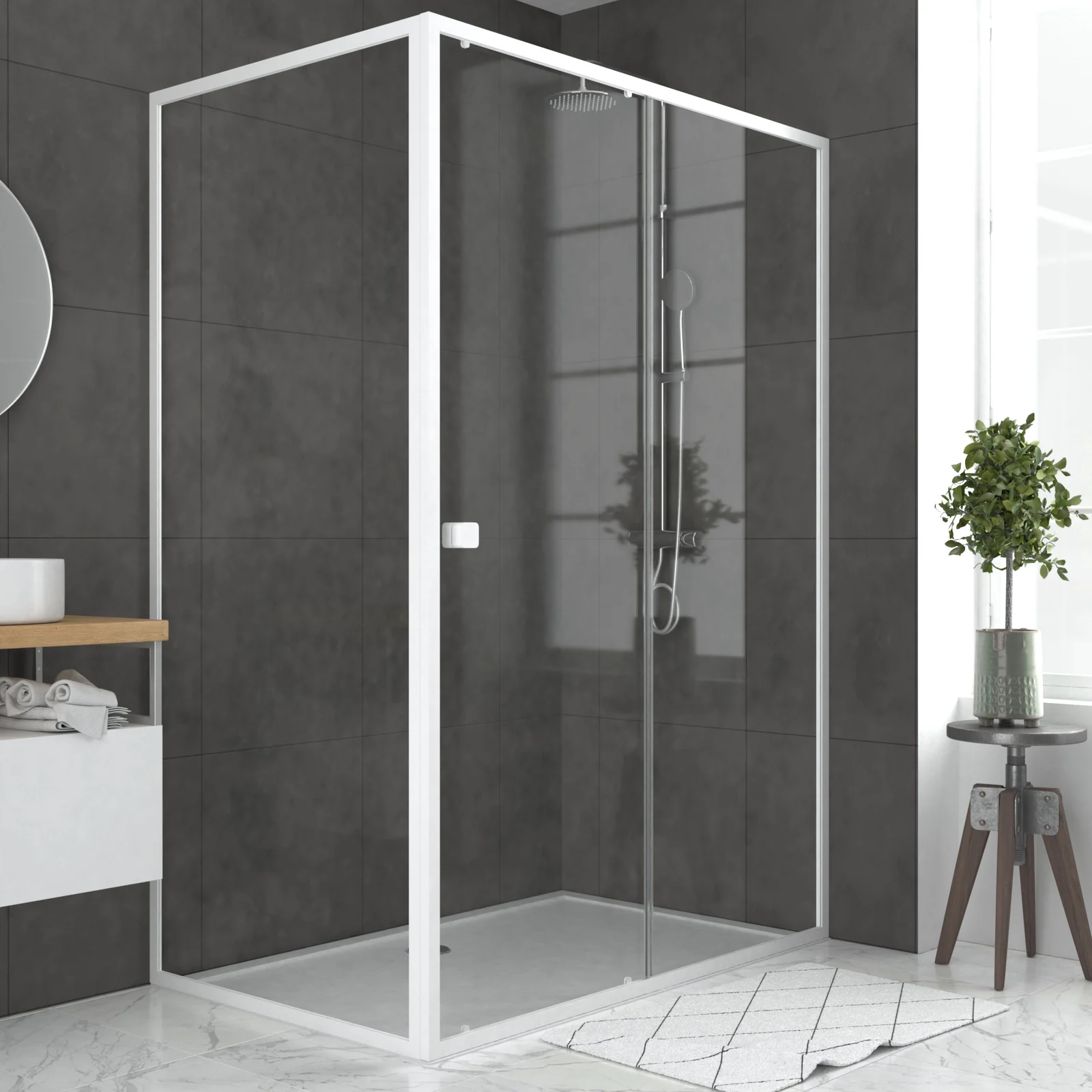 Pack porte de douche Coulissante blanc 140x185cm + retour 80 verre transparent 5mm - WHITY slide 