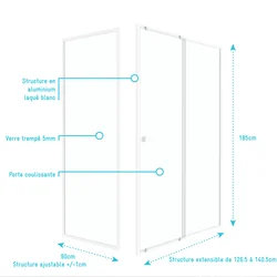 Pack porte de douche Coulissante blanc 140x185cm + retour 90 verre transparent 5mm - WHITY slide 