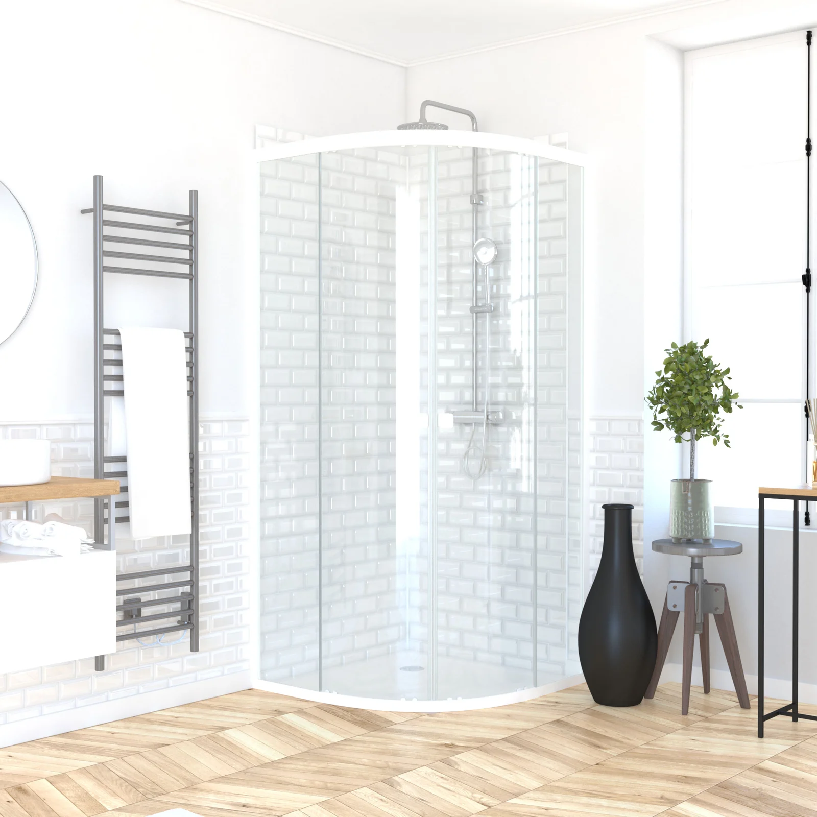 Pack porte de douche coulissante blanc de 89 à 90x190 cm + receveur - WHITY ROUND SLIDE Pack porte de douche coulissante blanc de 89 à 90x190 cm + receveur - WHITY ROUND SLIDE