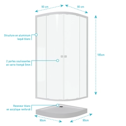 Pack porte de douche coulissante blanc de 89 à 90x190 cm + receveur - WHITY ROUND SLIDE