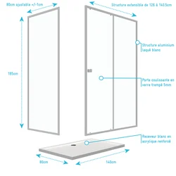 Pack porte de douche Coulissante blanc extensible 140X185 + paroi de retour 80cm + receveur - WHITY