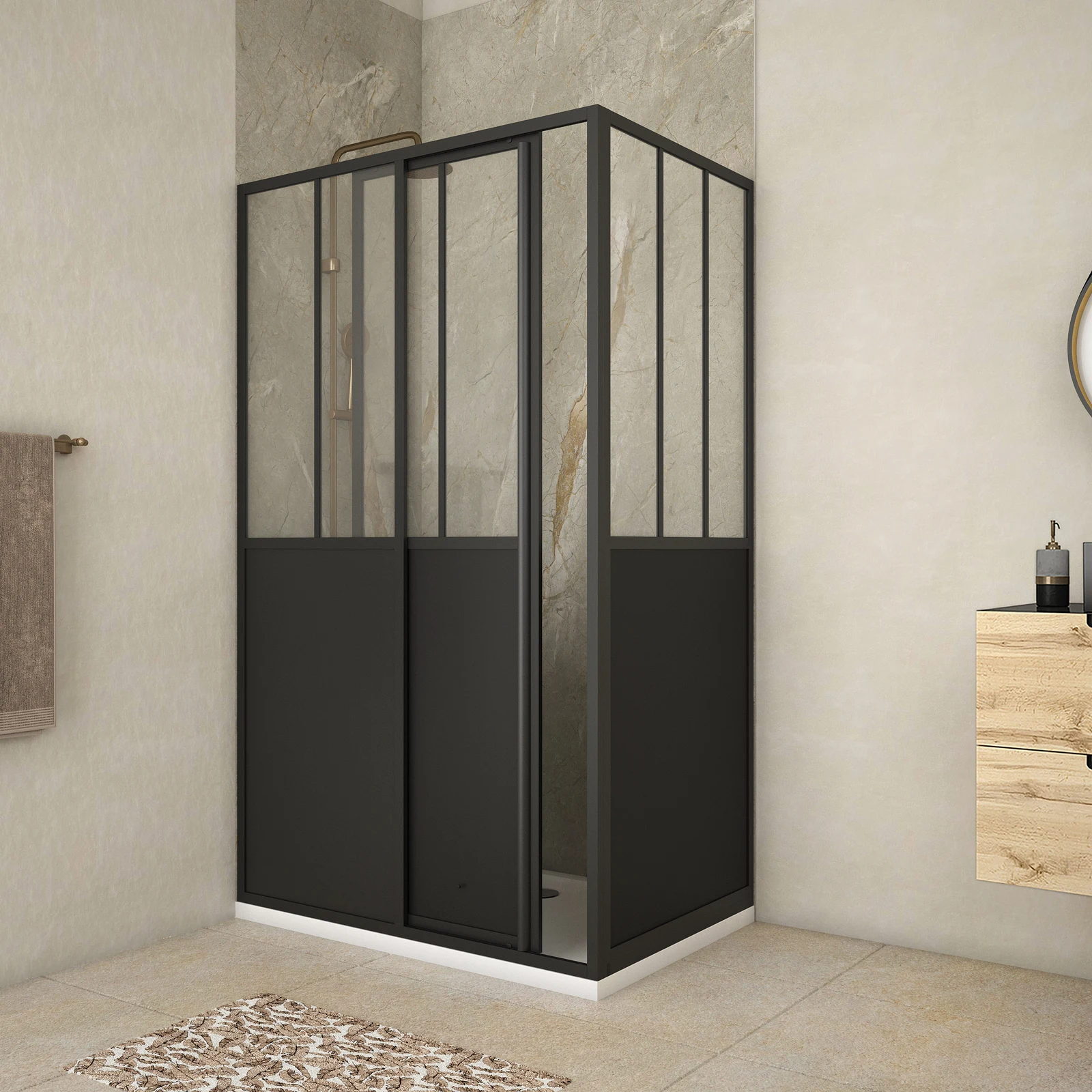 Pack Porte de Douche Coulissante et Retour 'Type Atelier' - Noir Mat - 120x80x200 cm Pack Porte de Douche Coulissante et Retour 'Type Atelier' - Noir Mat - 120x80x200 cm