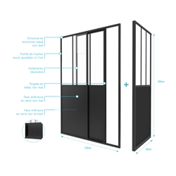 Pack Porte de Douche Coulissante et Retour 'Type Atelier' - Noir Mat - 120x90x200 cm