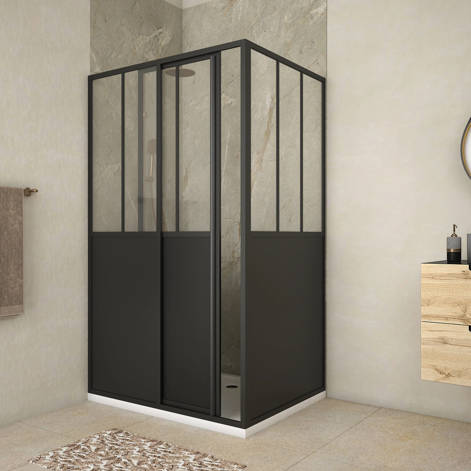 Pack Porte de Douche Coulissante et Retour 'Type Atelier' - Noir Mat - 120x90x200 cm Pack Porte de Douche Coulissante et Retour 'Type Atelier' - Noir Mat - 120x90x200 cm