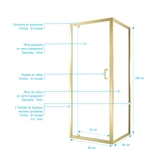 Pack Porte de Douche Pivotante 80x200cm et Retour 80cm - Profilés Or Doré Brossé - Verre 6mm