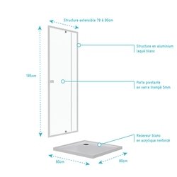 Pack porte de douche pivotante blanc de 78 à 90x185cm + receveur 80x80 - WHITY PIVOT