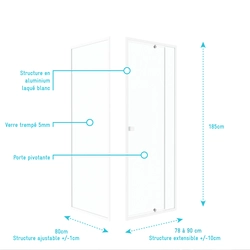 Pack porte de douche pivotante blanc de 78 à 90x185cm + retour 80 verre 5mm - WHITY PIVOT
